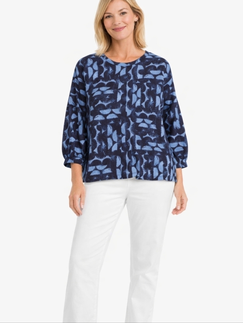 Chico's Blues Patterned Crewneck Top 3/4 sleeves, Size L